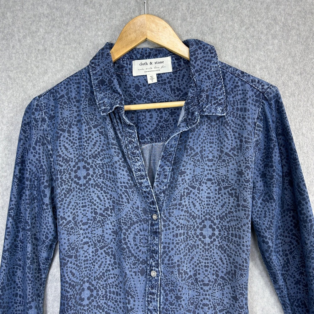 Cloth & Stone Anthro XS Shirt Dress Blue Medallion Tencel Button Down Tie Waist - Picture 3 of 14